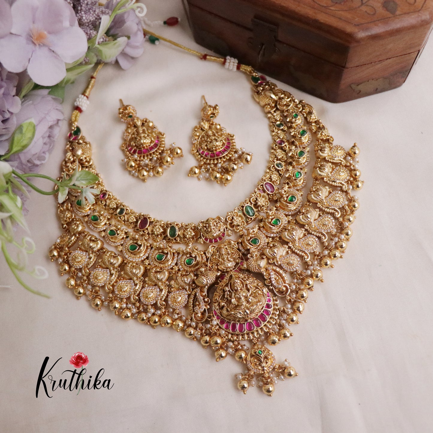 Premium Bridal Three Layer Temple Lakshmi and Peacock Jadau Necklace NC2212 (Available in 2 Colours)
