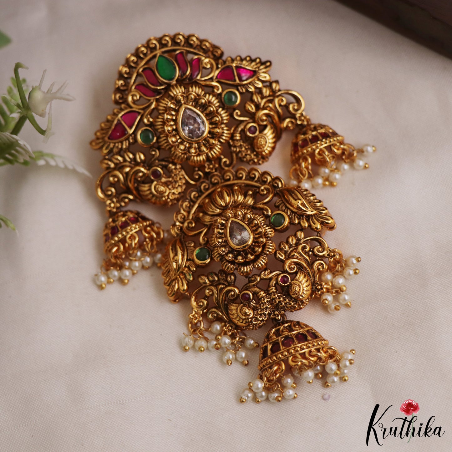 Stunning Antique Floral Peacock Jhumka Jadau Jada Billa With Pearl Drops J393