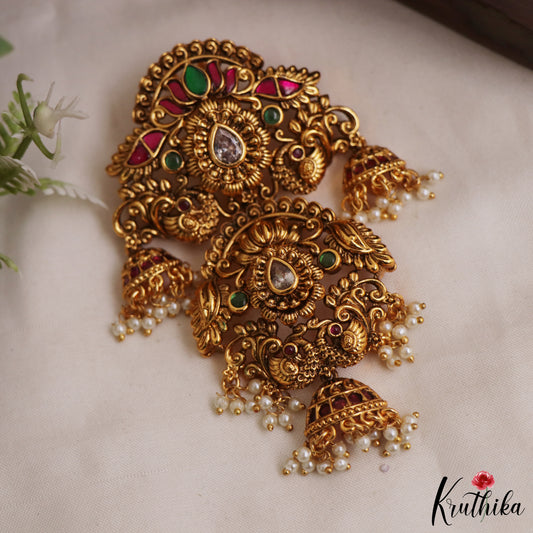 Stunning Antique Floral Peacock Jhumka Jadau Jada Billa With Pearl Drops J393
