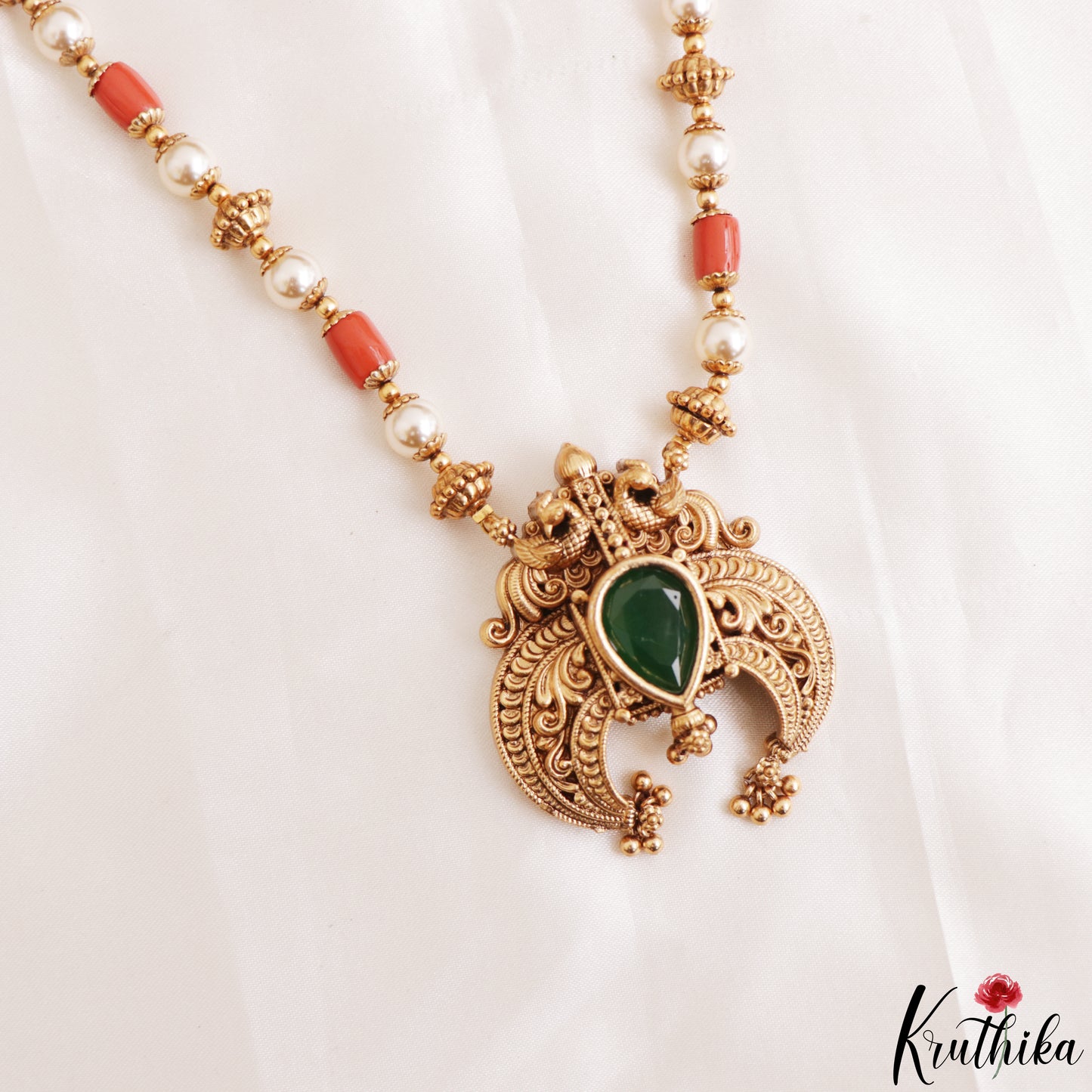 Trendy Antique Peacock Teardrop Motifs Coral Pearl Mala NC3231 (Available In 2 Colors)