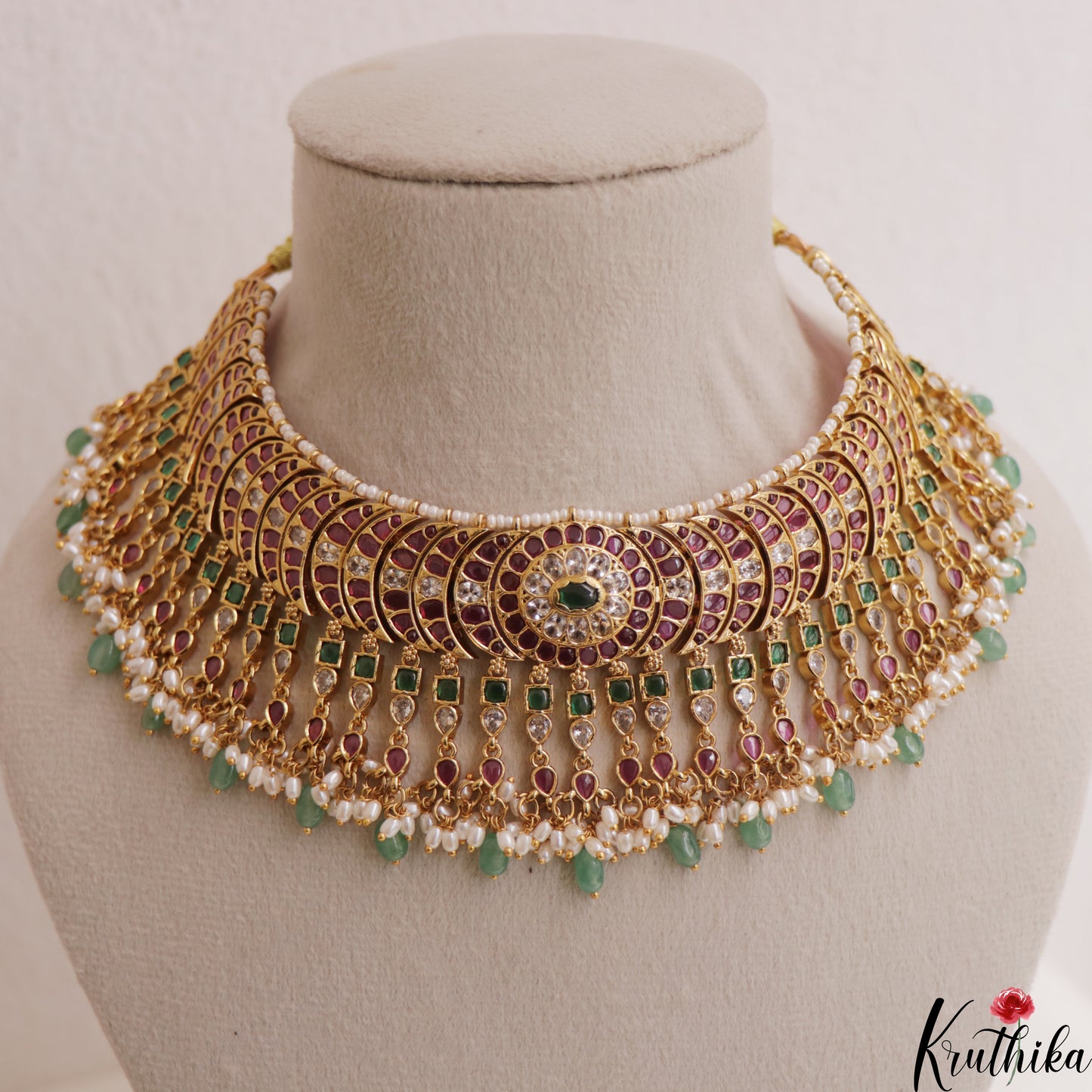 Premium Floral Geometric Motifs Jadau Choker With Green Bead Drops NC3022