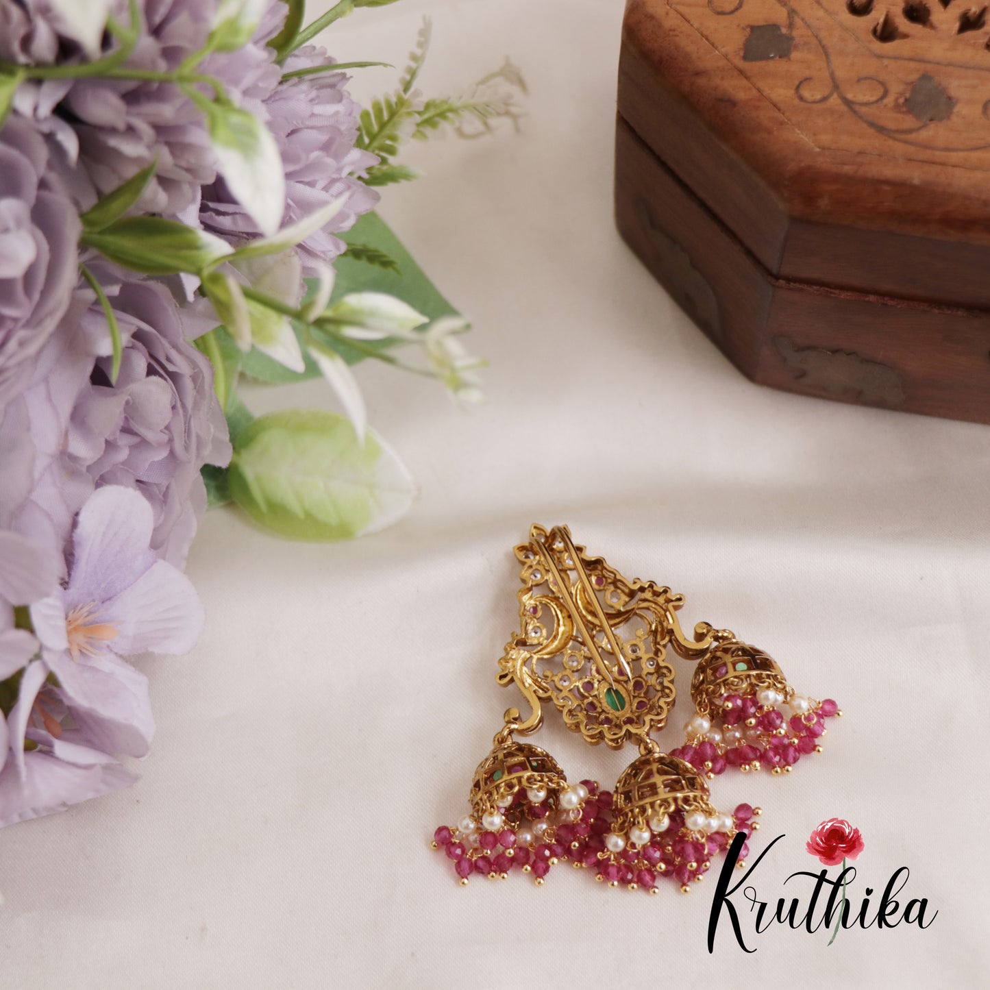 Gorgeous Floral Peacock Motis Jhumka Jada Billa With Pearl And Bead Drops J290 (Available In 2 Colors)