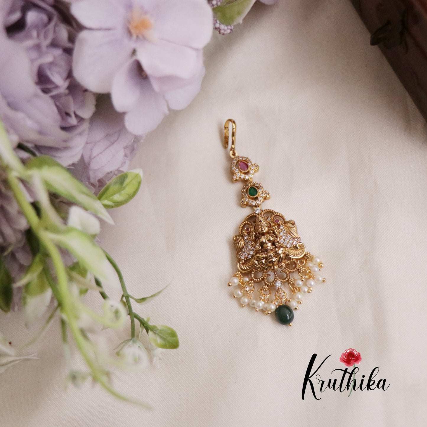 Beautiful CZ Lakshmi Peacock Maang Tikka with Pearl Drops MT271 (Available in 3 Colors)