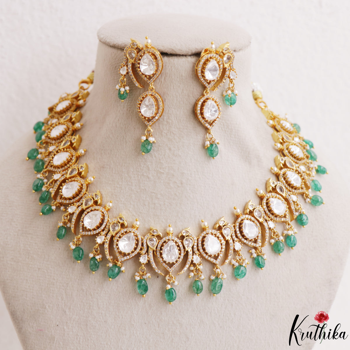 Premium Peacock Motifs Polki Victorian Choker With Green Bead Drops NC3018 (Available In 2 Colors)