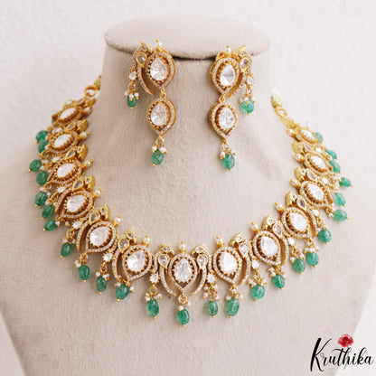 Premium Peacock Motifs Polki Victorian Choker With Green Bead Drops NC3018 (Available In 2 Colors)