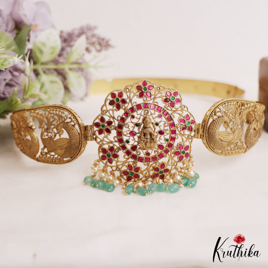 Gorgeous Antique Nagas Lakshmi Peacock Motifs Jadau Hip Belt With Green Bead Drops V358
