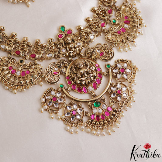 Premium Antique Nagas Lakshmi Peacock Motifs Jadau Necklace With Pearl Drops NC3142