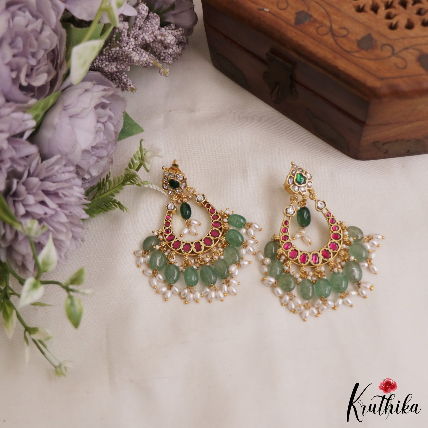 Stunning Floral Motifs Chandbali Jadau Earrings With Green Bead And Rice Pearl Drops E1078