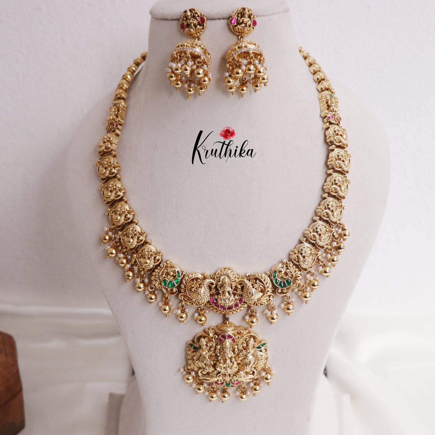 Royal Bridal Jadau Lakshmi Pendant Haaram with Golden Beads Drops LH1976