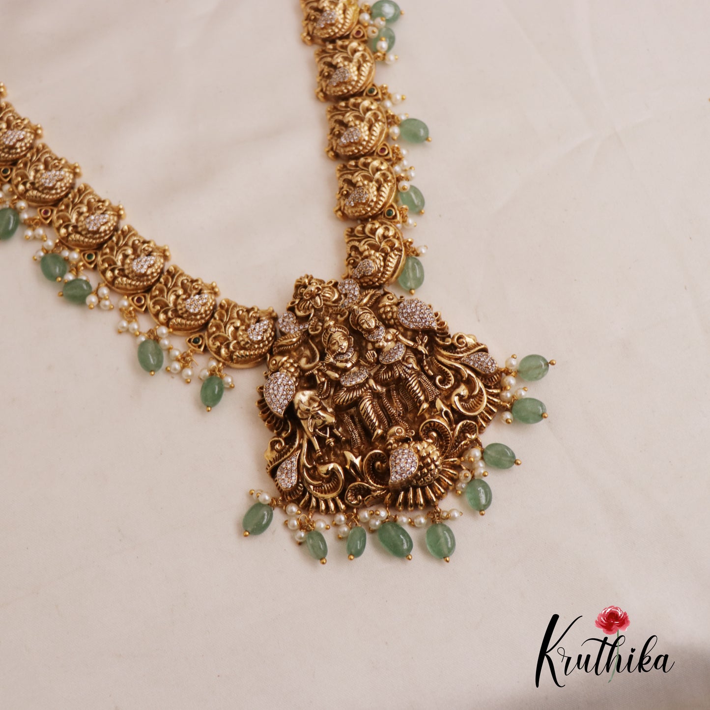 Premium Antique Nagas Radha Krishna Motifs Haaram With Pearl And Bead Drops LH2025