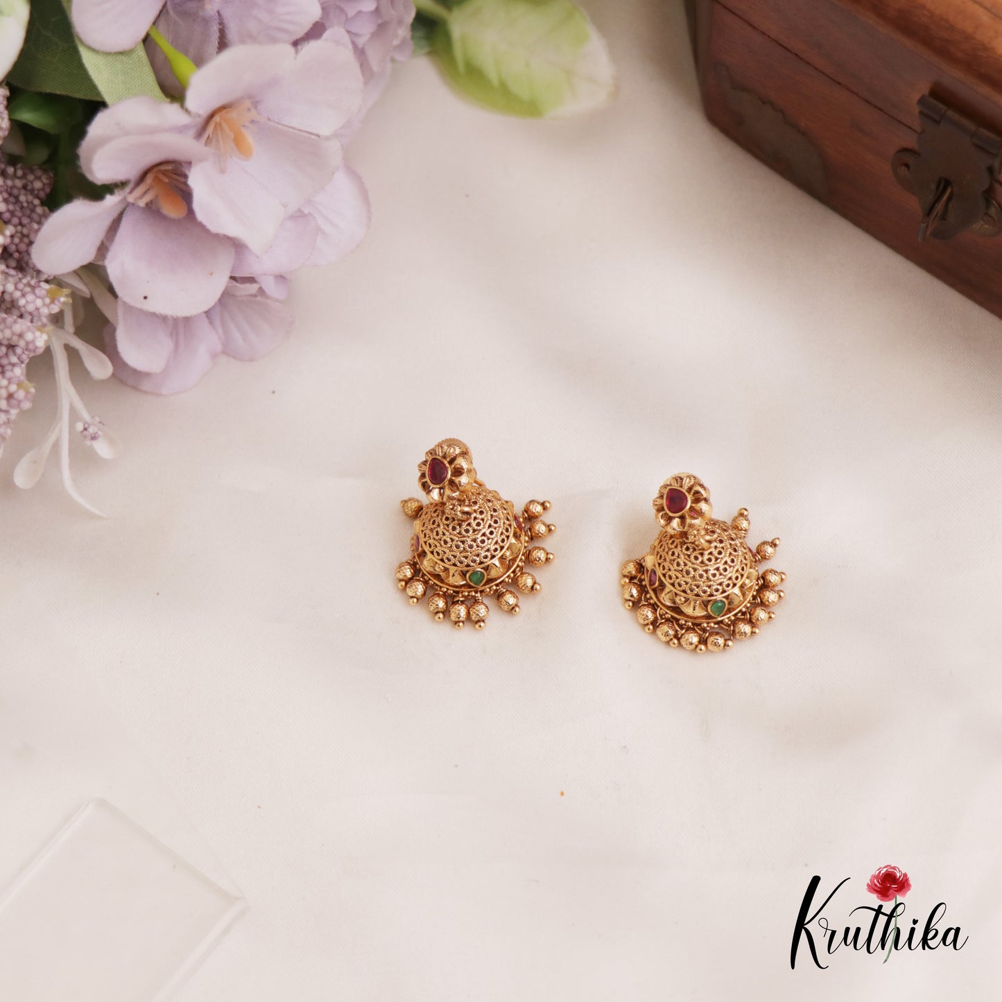 Beautiful Antique Floral Motifs Jhumka With Golden Bead Drops E967 (Available In 2 Colors)