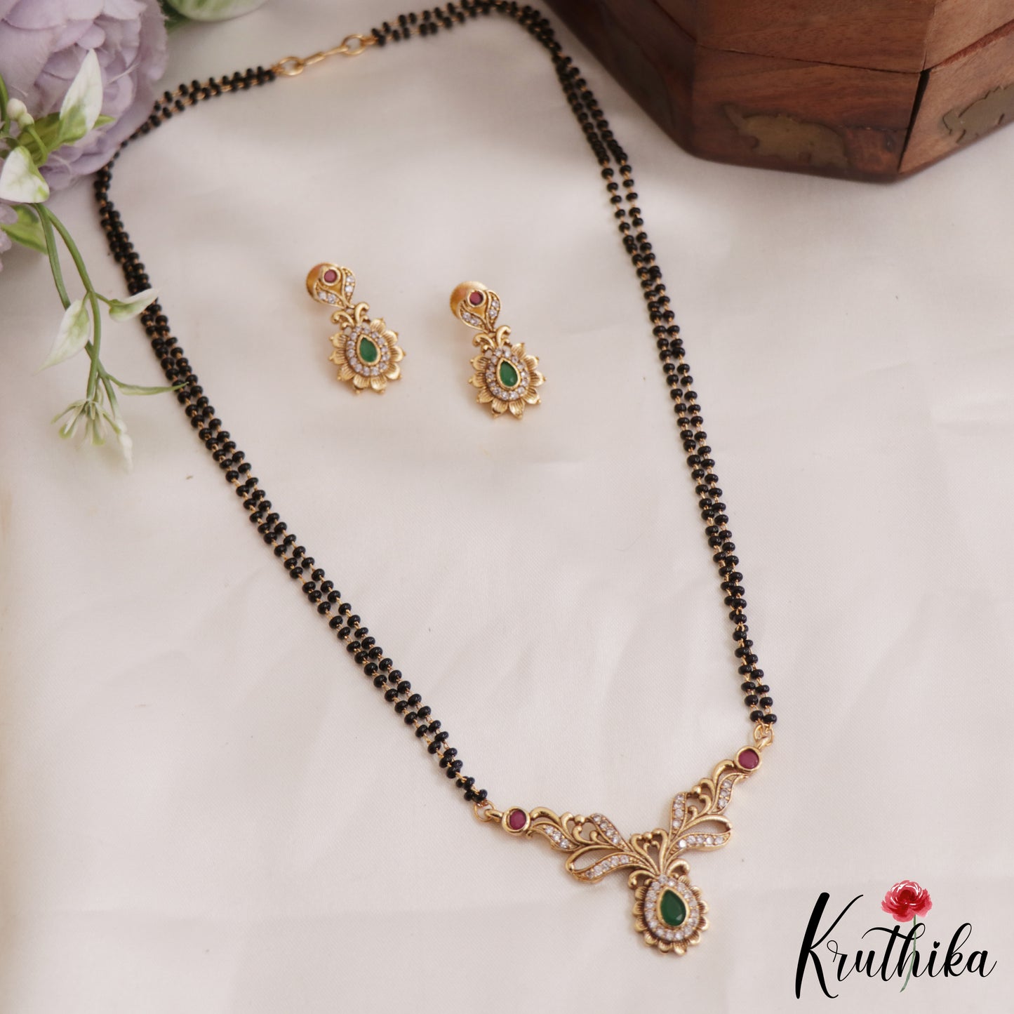 Beautiful CZ Teardrop Motifs Mangalsutra With Earrings Set NC2642