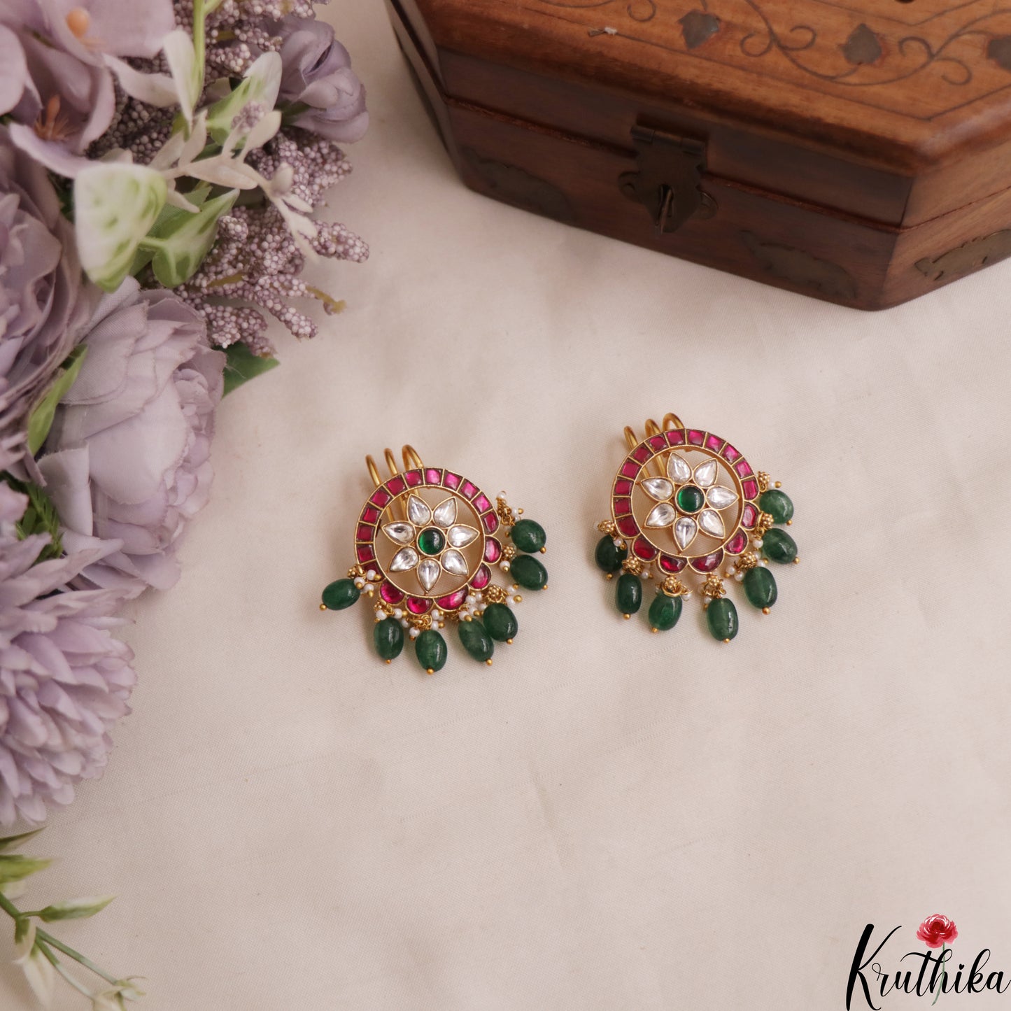 Elegant Floral Jadau Jada Billa With Green Bead Drops J394 (Pair Of 2)