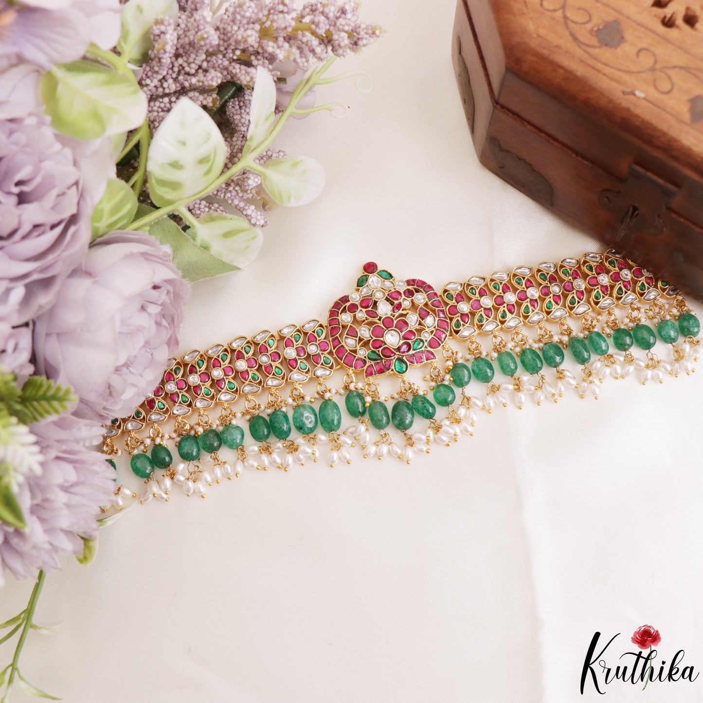 Stunning Floral Motifs Jadau Necklace With Green Bead Drops NC3270