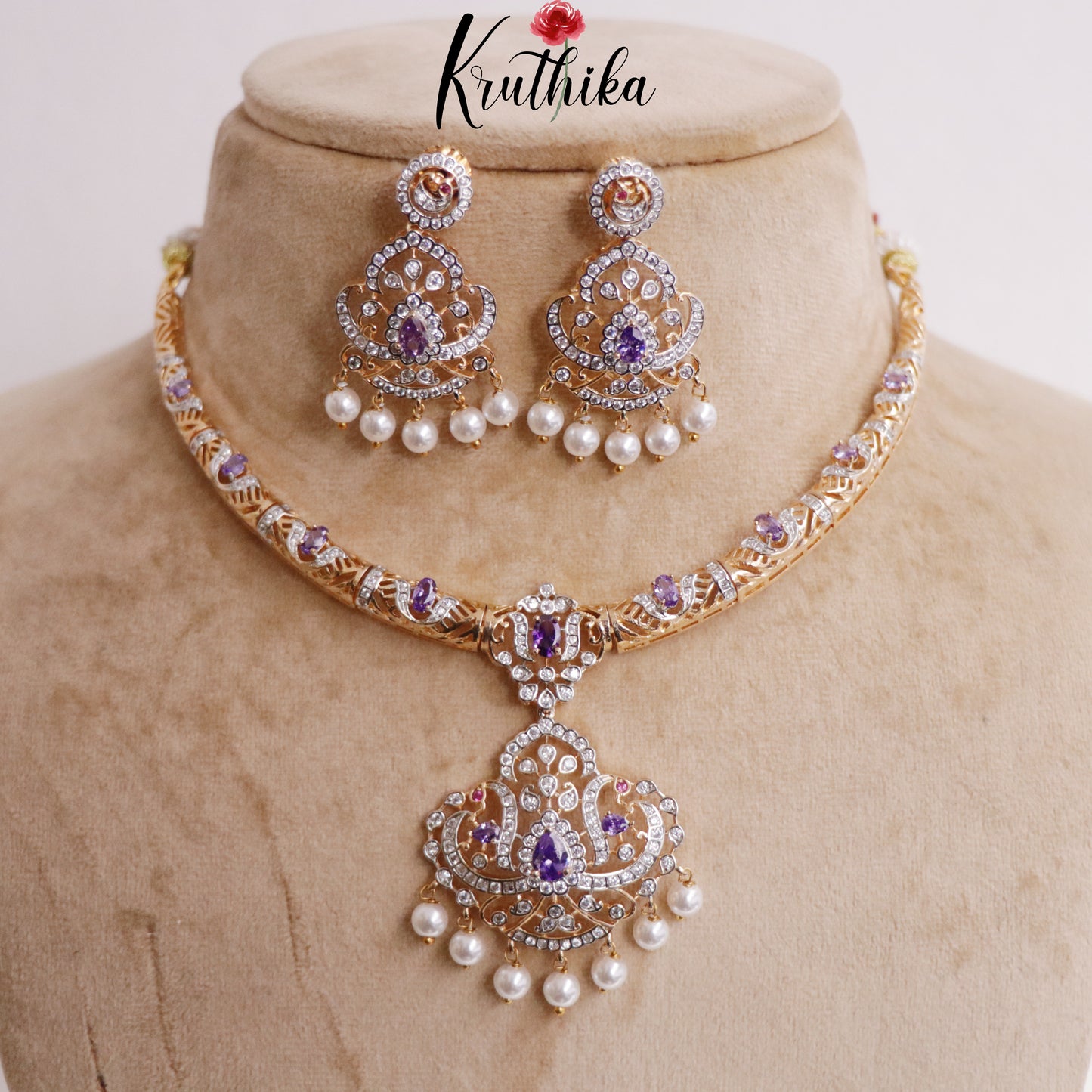 Simple AD/ Victorian Hasli Necklace with Peacock Pendant Drops NC2251 (Available in 3 Colours)