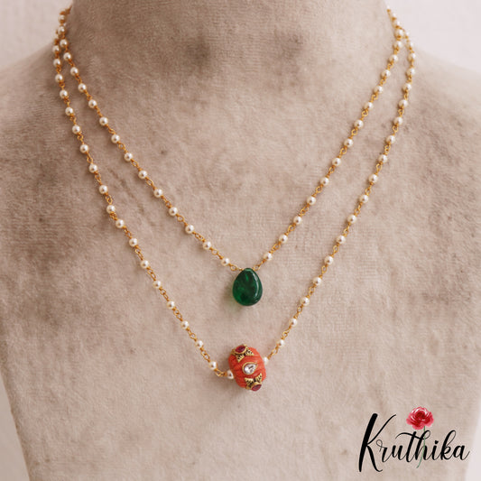 Simple Coral Bead Double Layered Pearl Chain NC2806