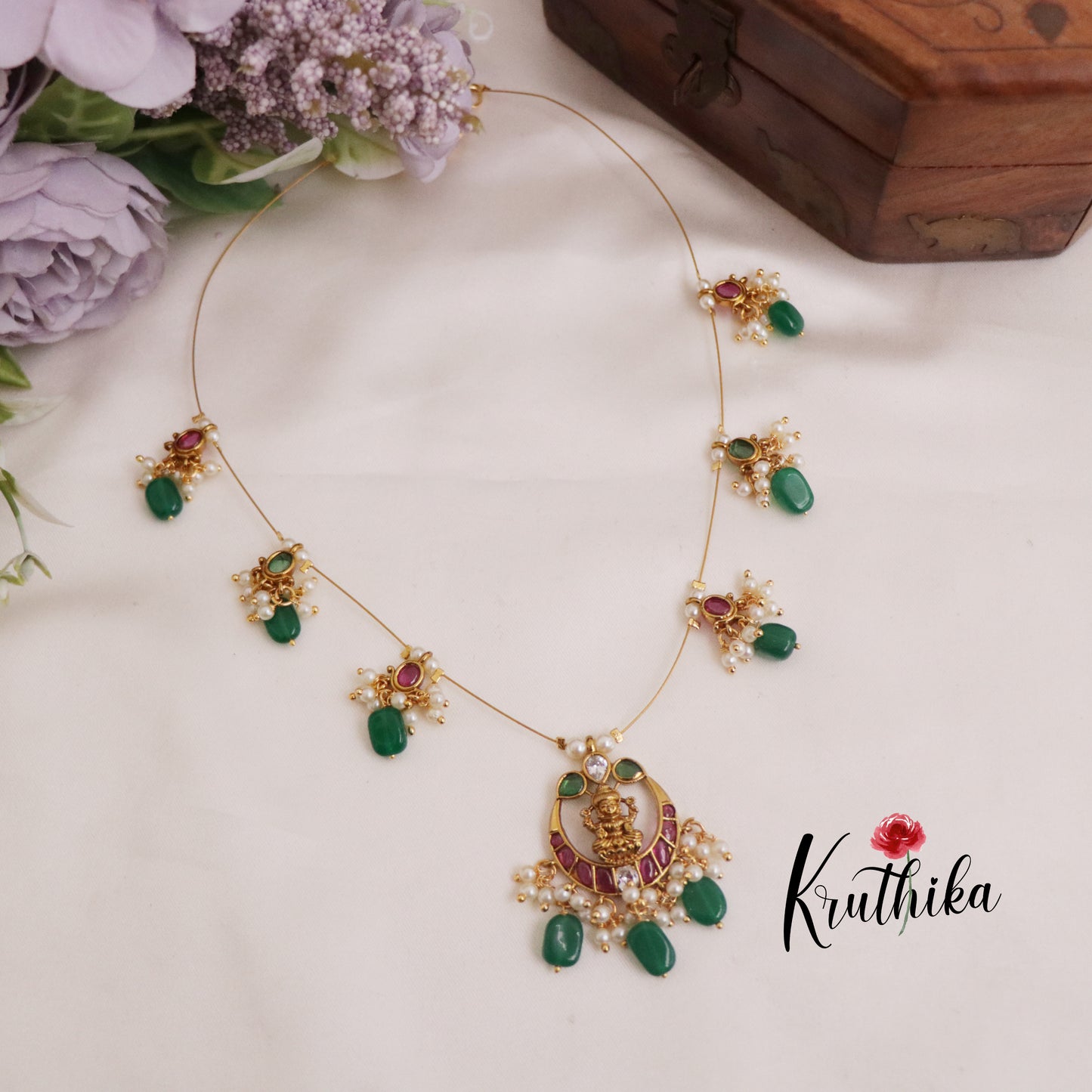Beautiful Kemp Invisible Chain Chandbali Lakshmi Pendant With Green Beads Drop NC2306