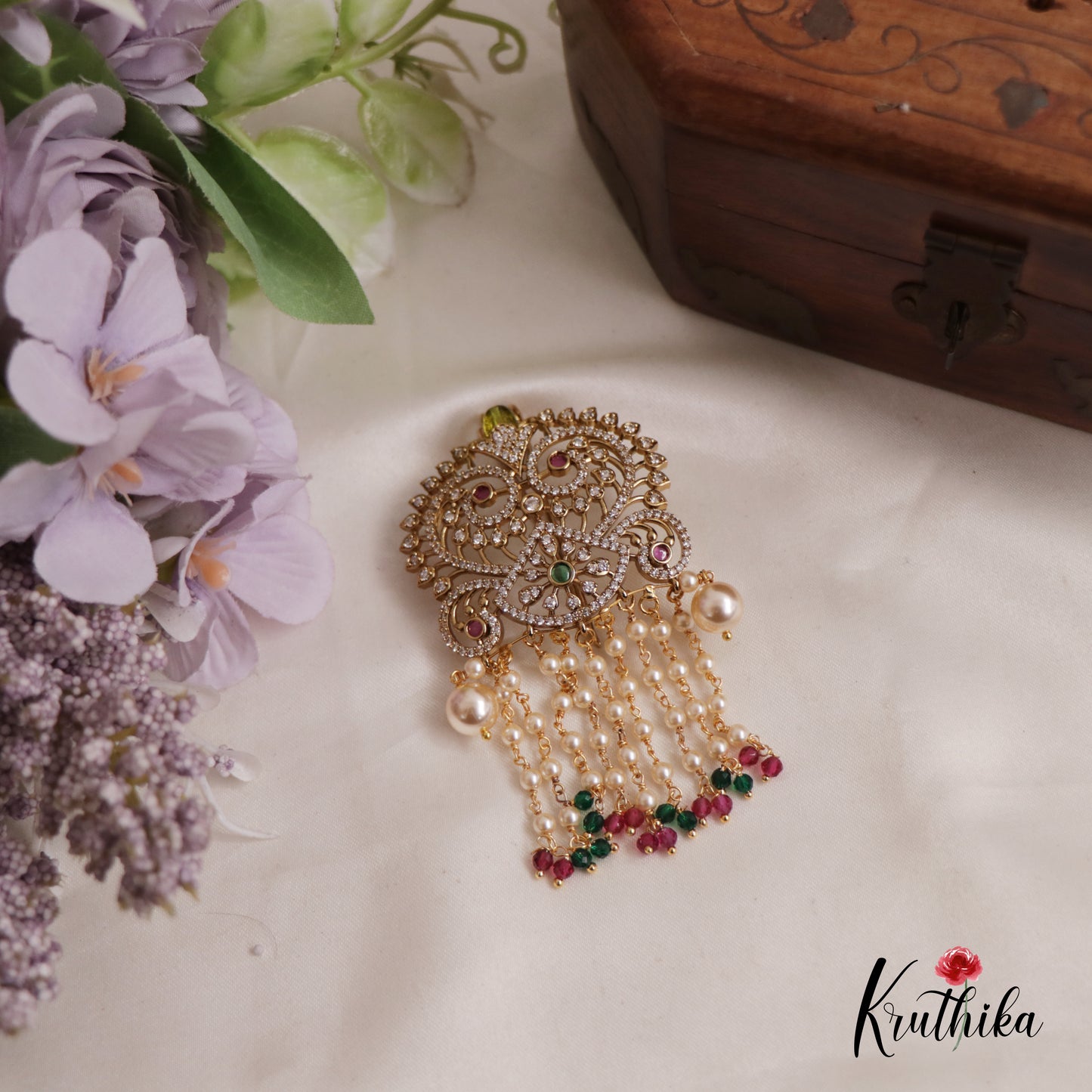 Classic AD Stone Floral With Pearl Drop Jada Billa With Pearl Strands J257