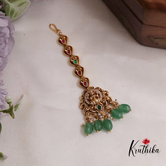 Beautiful Jadau Antique Lakshmi Maang Tikka With Pearl Drops MT293 (Available In 2 Colours)