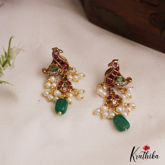 Pretty Peacock Motifs Kemp Earrings With Green Bead Drops E1106