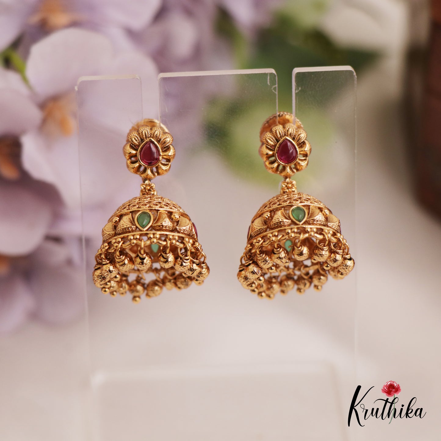 Beautiful Antique Floral Motifs Jhumka With Golden Bead Drops E967 (Available In 2 Colors)