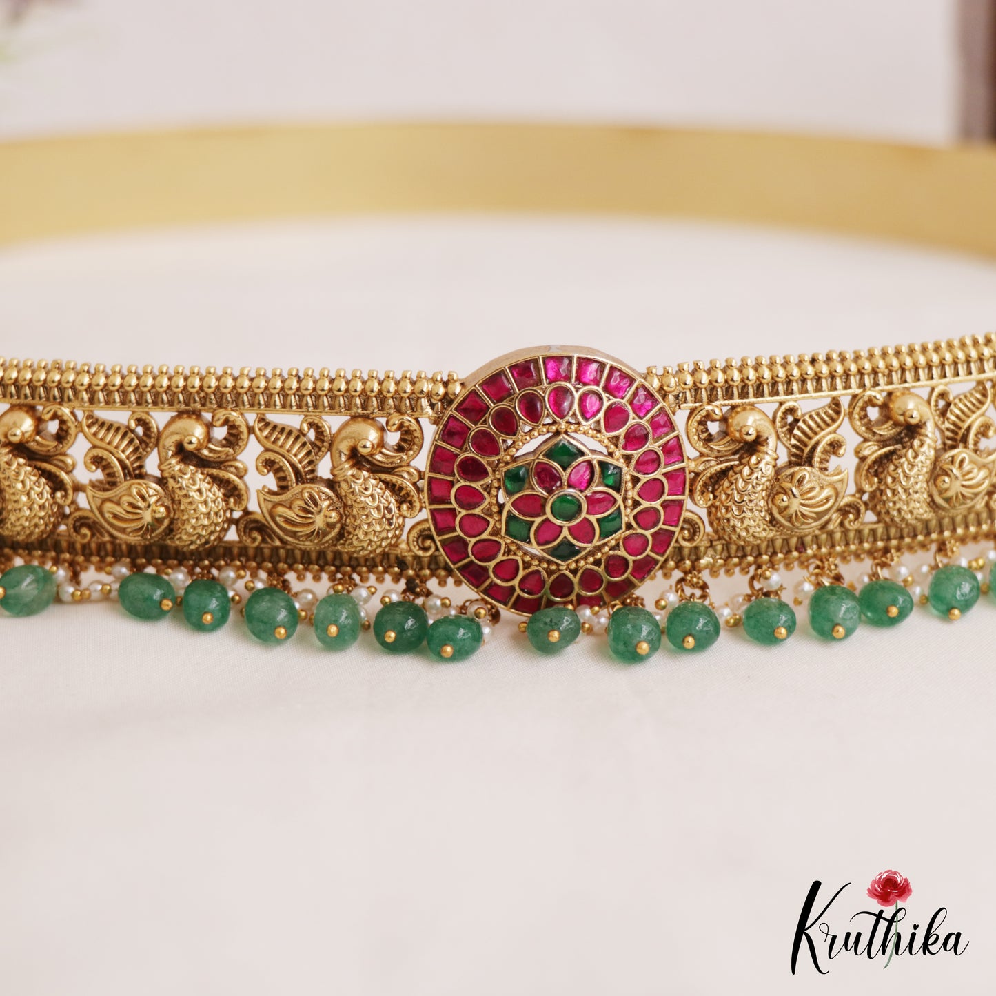 Premium Antique Floral Peacock Motifs Jadau Hip Belt With Bead Drops V356 (Available In 4 Colors)