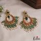 Stunning Floral Motifs Chandbali Jadau Earrings With Green Bead And Rice Pearl Drops E1078