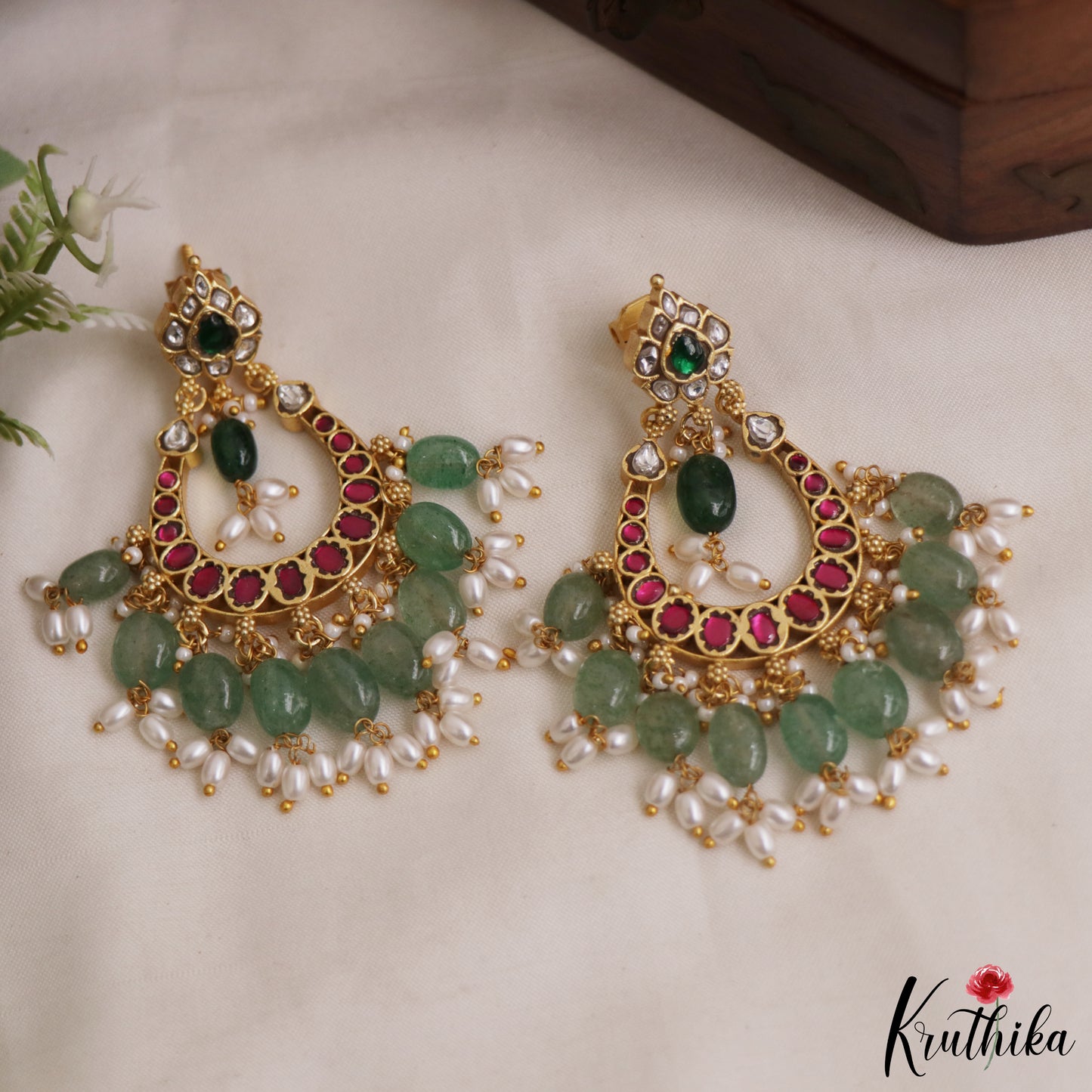 Stunning Floral Motifs Chandbali Jadau Earrings With Green Bead And Rice Pearl Drops E1078