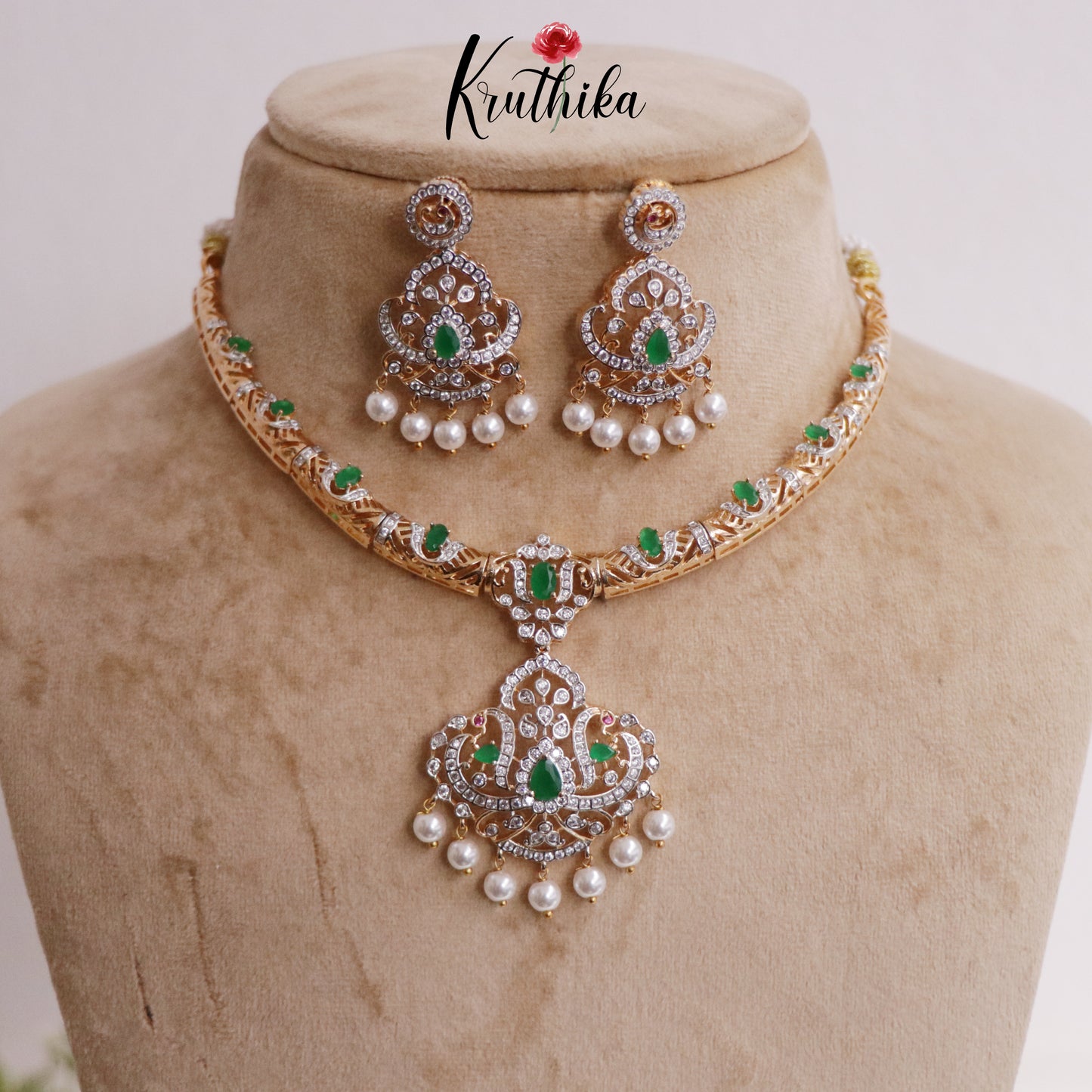 Simple AD/ Victorian Hasli Necklace with Peacock Pendant Drops NC2251 (Available in 3 Colours)