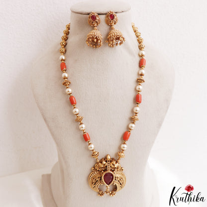 Trendy Antique Peacock Teardrop Motifs Coral Pearl Mala NC3231 (Available In 2 Colors)