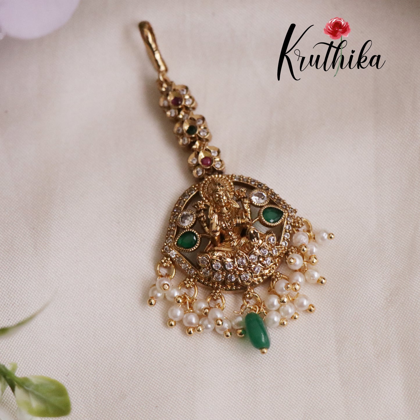 Beautiful CZ Temple Lakshmi Maang Tikkas with Pearl Drops MT275 (Available in 2 Colors)