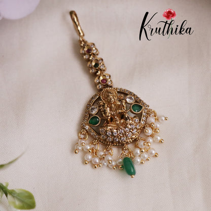 Beautiful CZ Temple Lakshmi Maang Tikkas with Pearl Drops MT275 (Available in 2 Colors)
