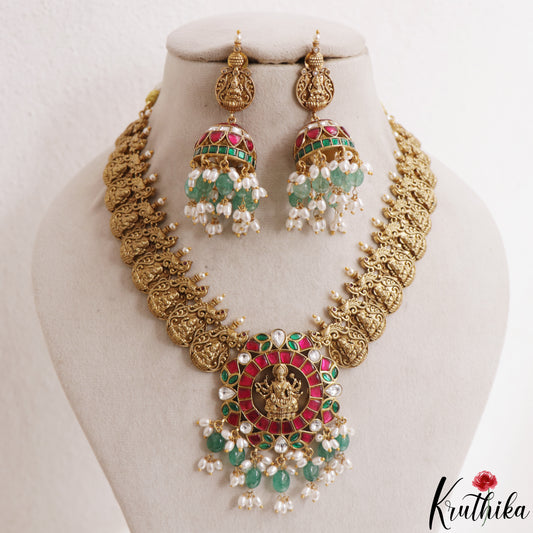 Gorgeous Antique Nagas Peacock Motifs Lakshmi Kasu Necklace With Green Bead Drops NC3148