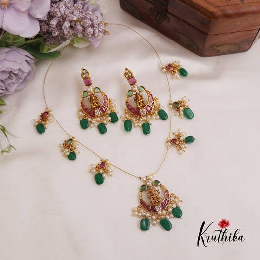 Beautiful Kemp Invisible Chain Chandbali Lakshmi Pendant With Green Beads Drop NC2306