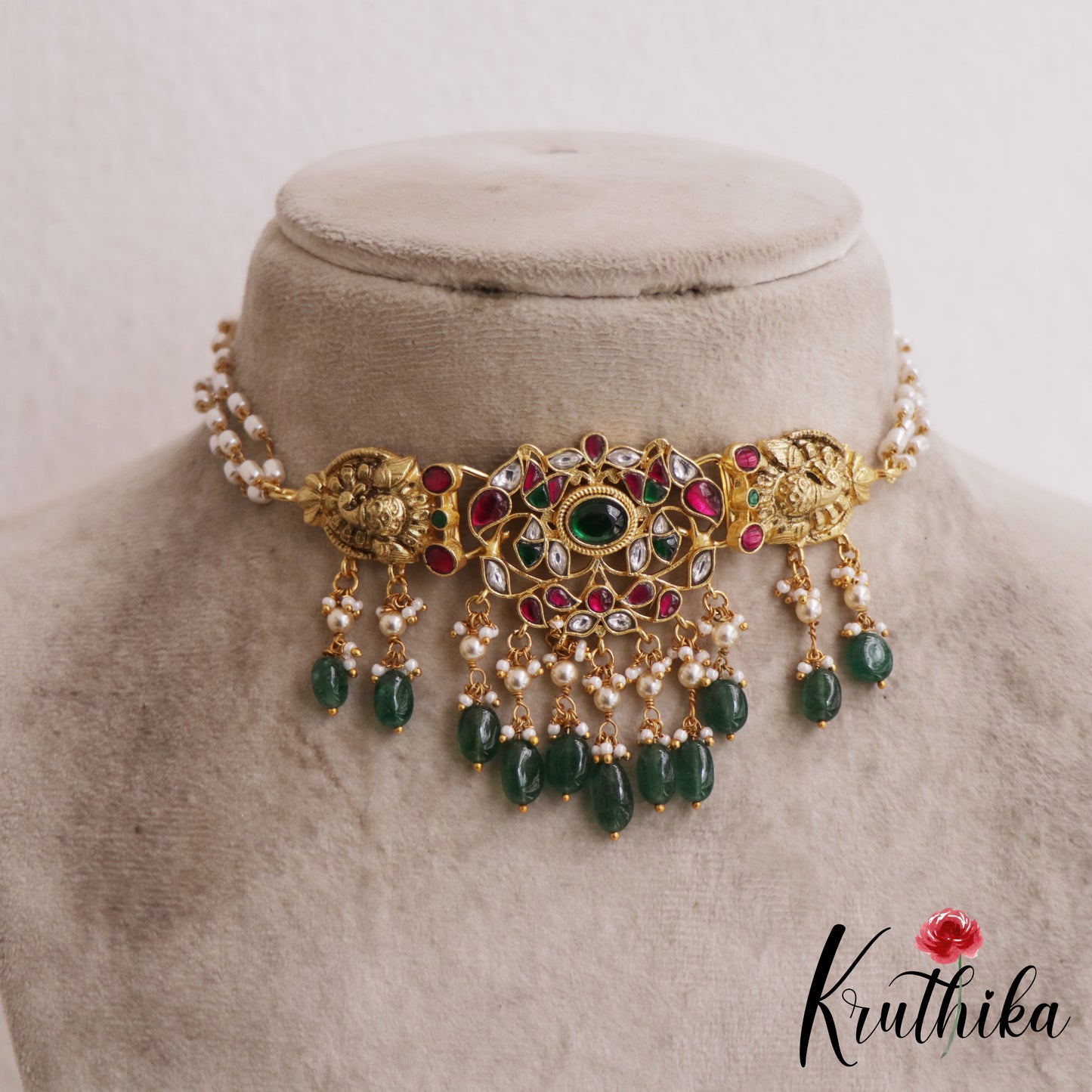 Stunning Elephant Leaf Motifs Jadau Choker With Green Bead Drops NC2960