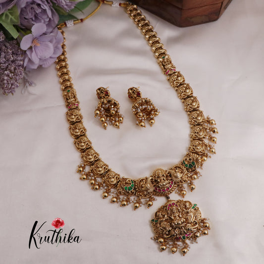 Royal Bridal Jadau Lakshmi Pendant Haaram with Golden Beads Drops LH1976