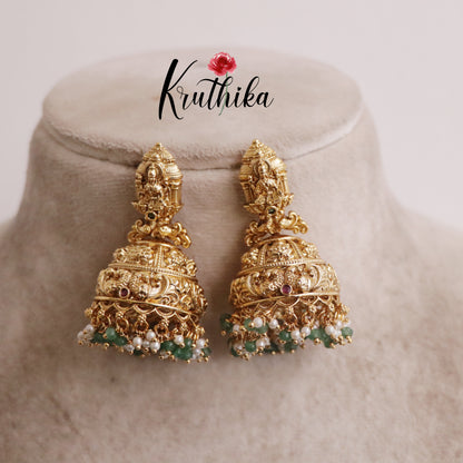 Premium Temple Lakshmi Jhumkas with Beads Drops E646 (Available in 2 Colors)