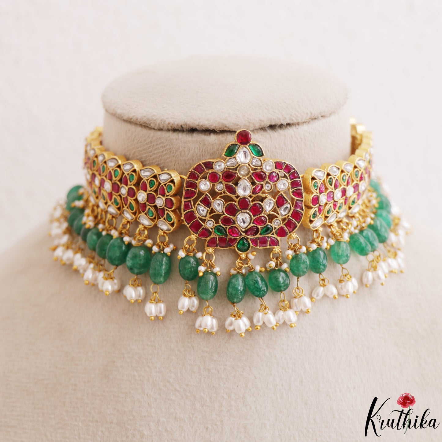 Stunning Floral Motifs Jadau Necklace With Green Bead Drops NC3270