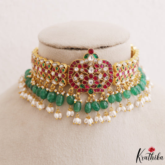 Stunning Floral Motifs Jadau Necklace With Green Bead Drops NC3270
