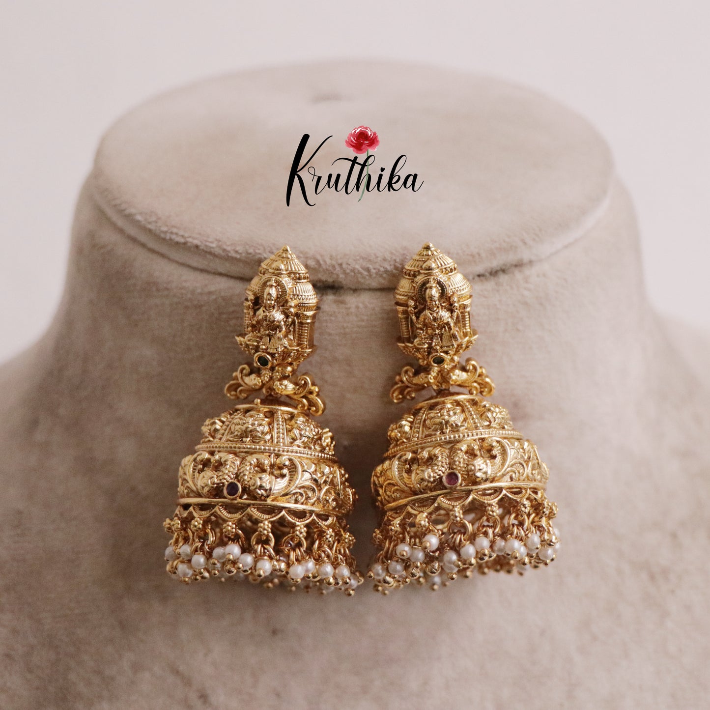 Premium Temple Lakshmi Jhumkas with Beads Drops E646 (Available in 2 Colors)
