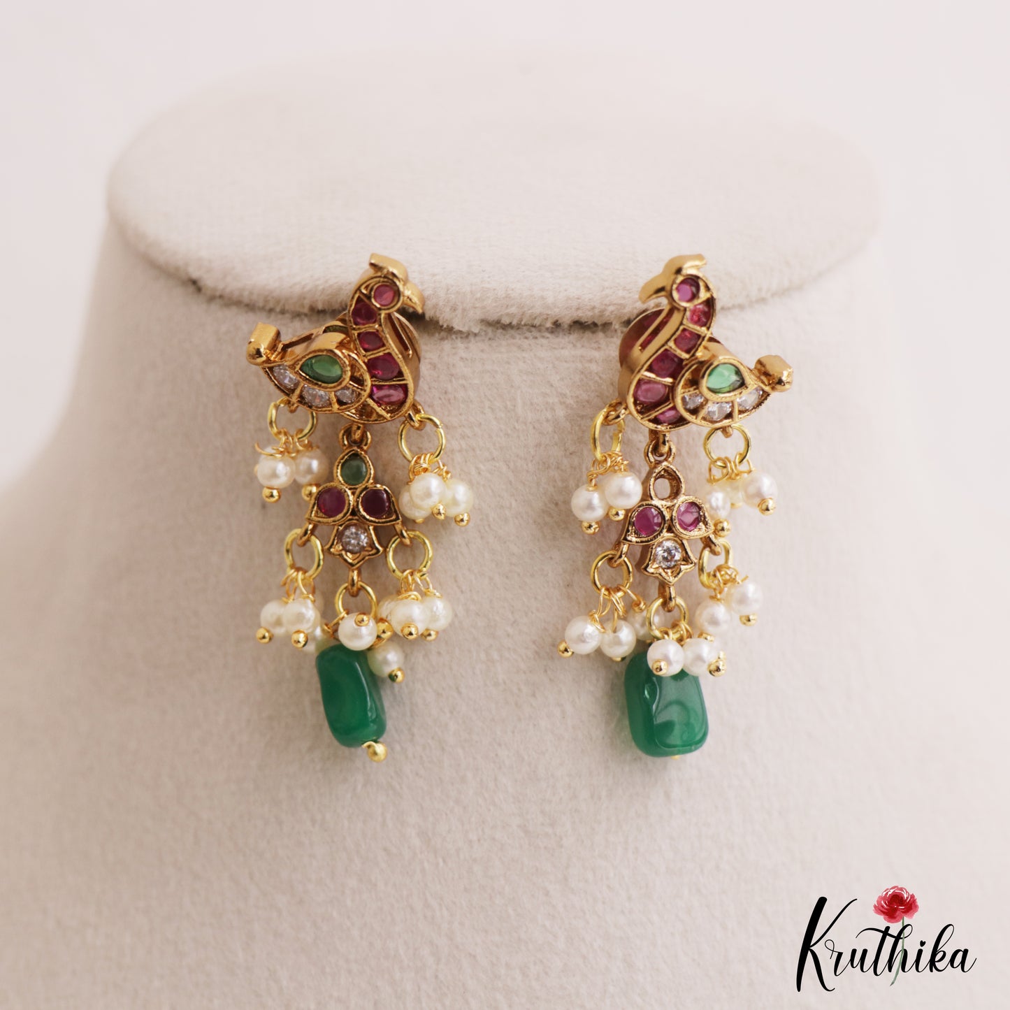 Pretty Peacock Motifs Kemp Earrings With Green Bead Drops E1106