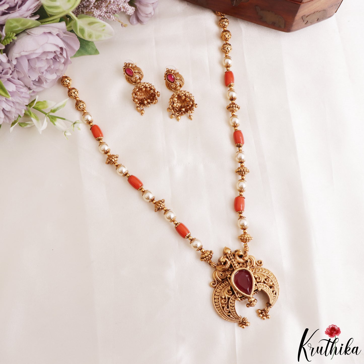 Trendy Antique Peacock Teardrop Motifs Coral Pearl Mala NC3231 (Available In 2 Colors)