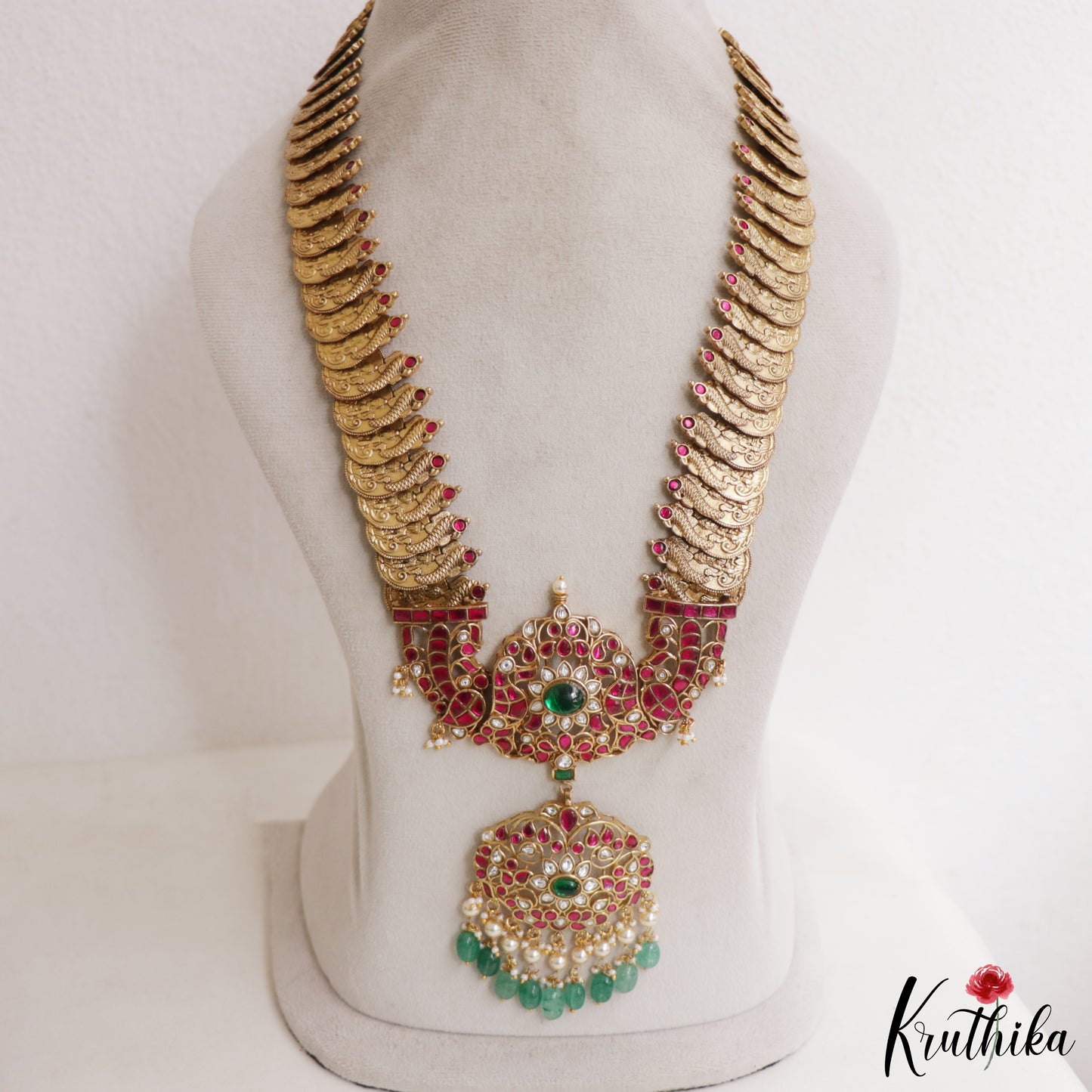 Gorgeous Floral Peacock Motifs Kasu Jadau Haaram With Green Bead Drops LH2106