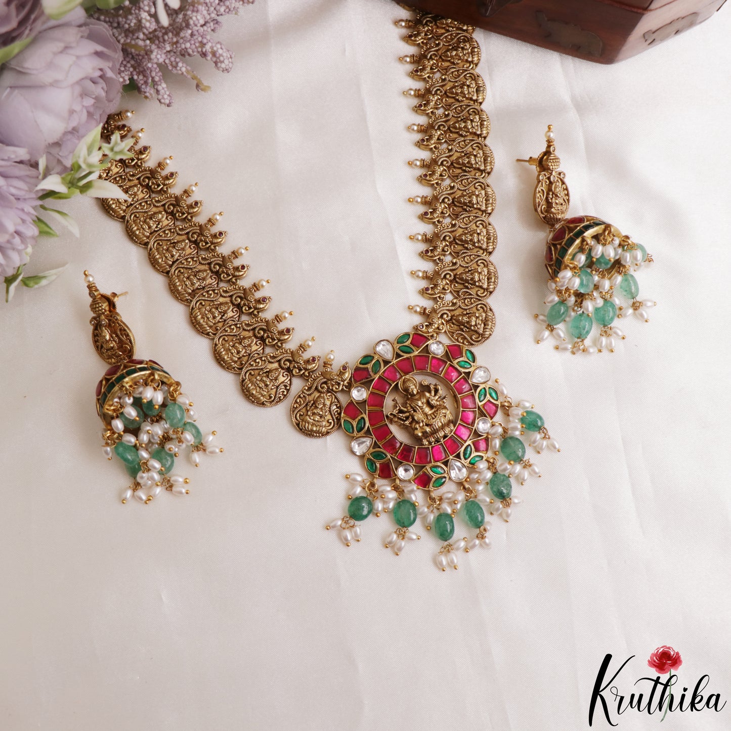 Gorgeous Antique Nagas Peacock Motifs Lakshmi Kasu Necklace With Green Bead Drops NC3148