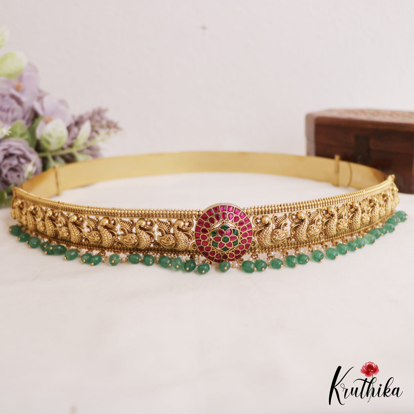 Premium Antique Floral Peacock Motifs Jadau Hip Belt With Bead Drops V356 (Available In 4 Colors)