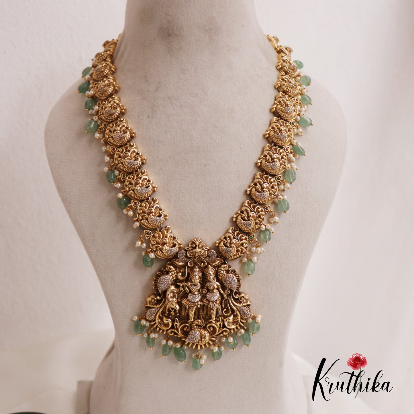 Premium Antique Nagas Radha Krishna Motifs Haaram With Pearl And Bead Drops LH2025