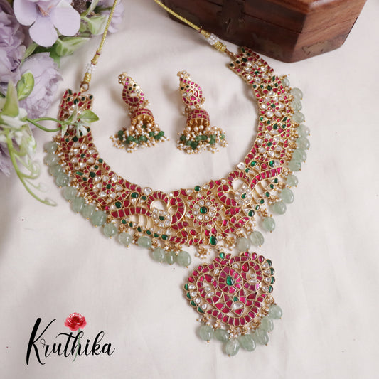 Grand Peacock Jadau Necklace with Pastel Green Drops NC2180