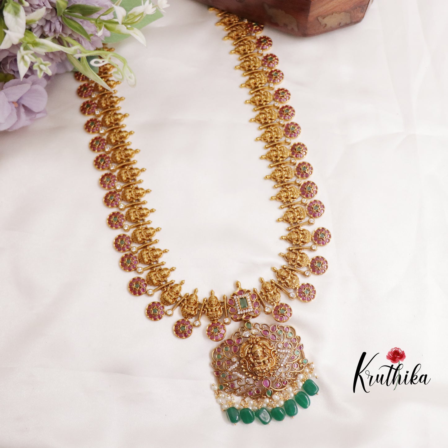 Beautiful Kemp Coin Lakshmi Haaram with Detachable Pendant Drops LH1953