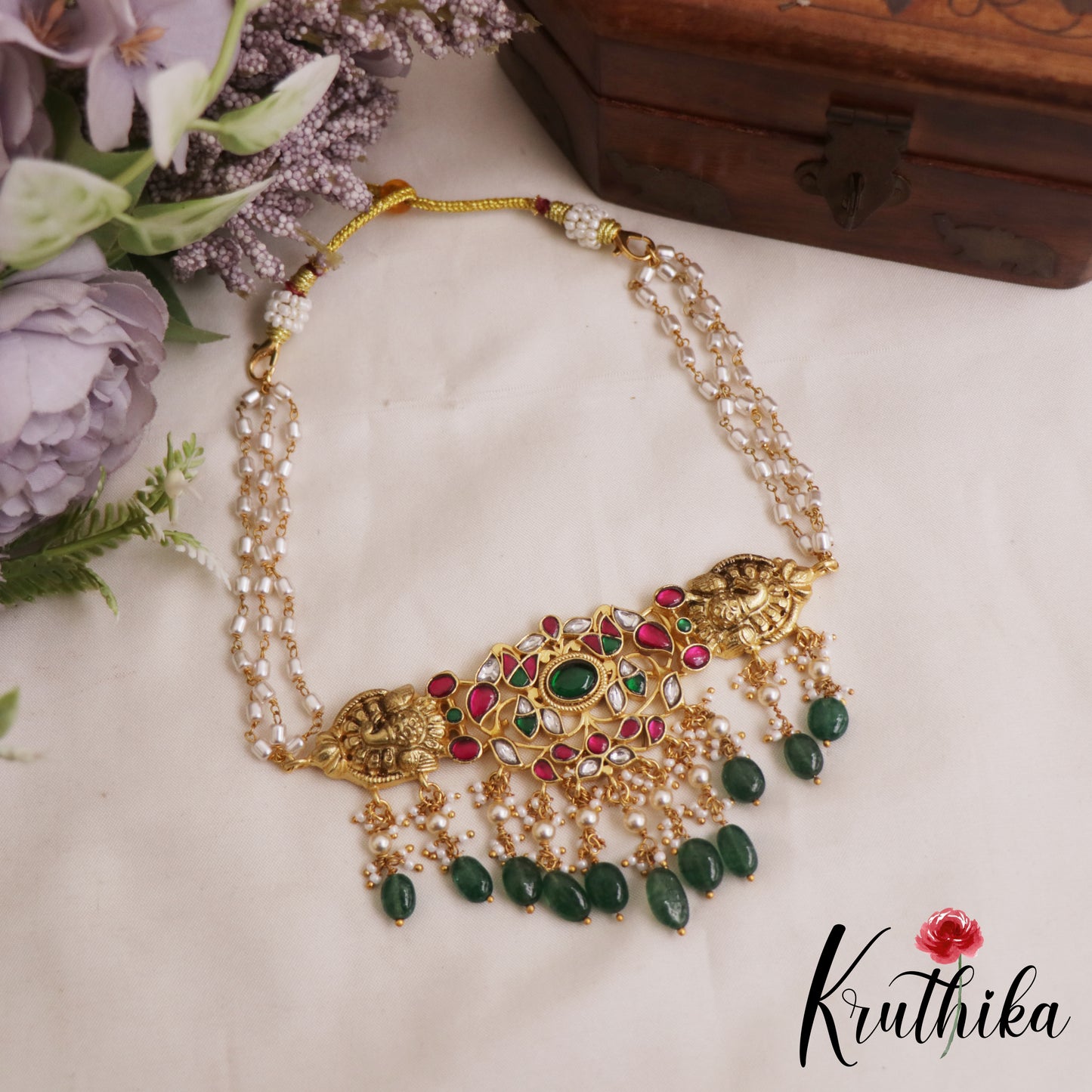 Stunning Elephant Leaf Motifs Jadau Choker With Green Bead Drops NC2960
