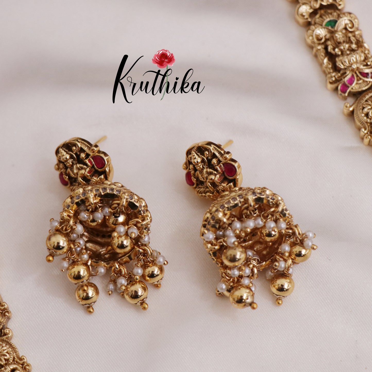 Royal Bridal Jadau Lakshmi Pendant Haaram with Golden Beads Drops LH1976